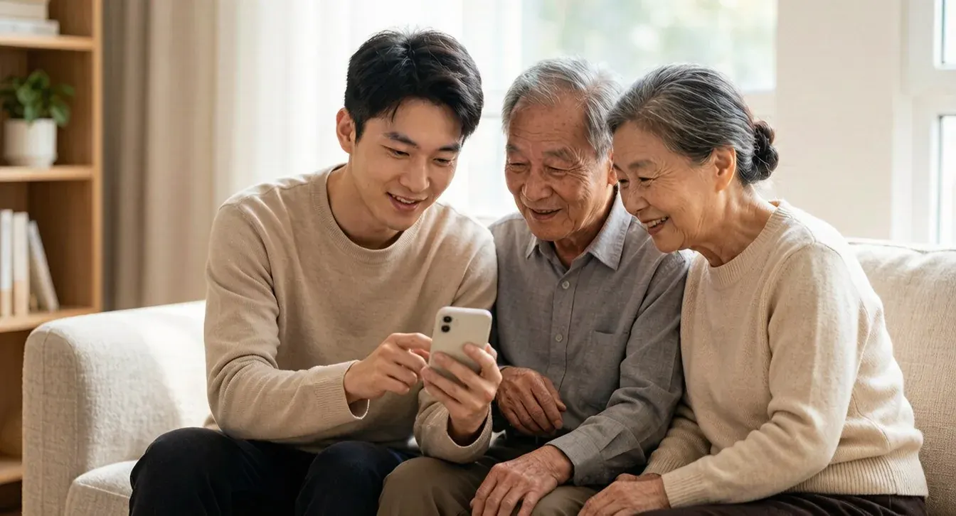 青年教长者用手机